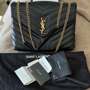 Saint Laurent Black Loulou - Medium Quilted Leather Shoulder Bag with Gold Chain